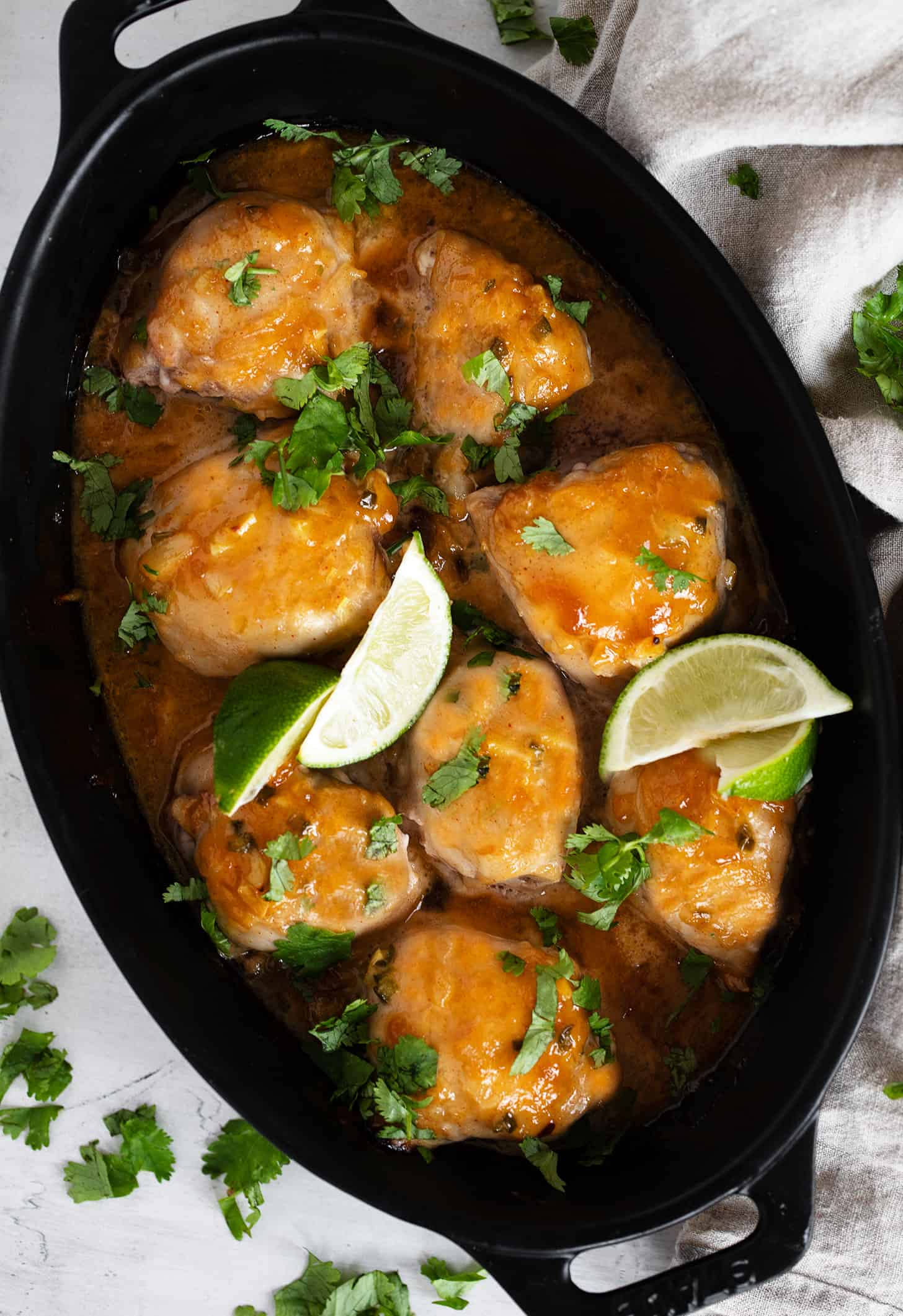 mango chutney chicken in baking dish