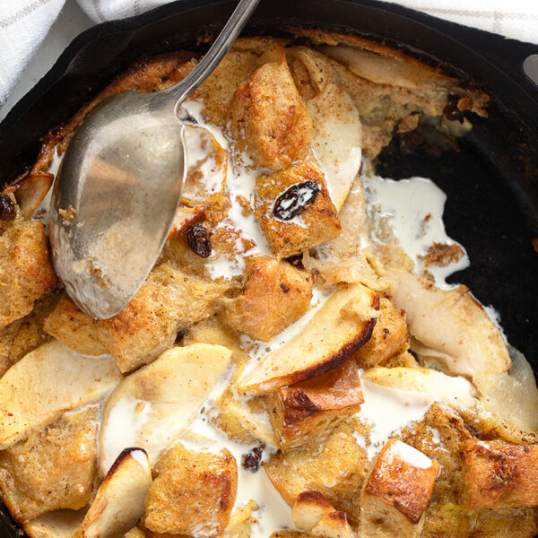 apple bread pudding in cast iron skillet