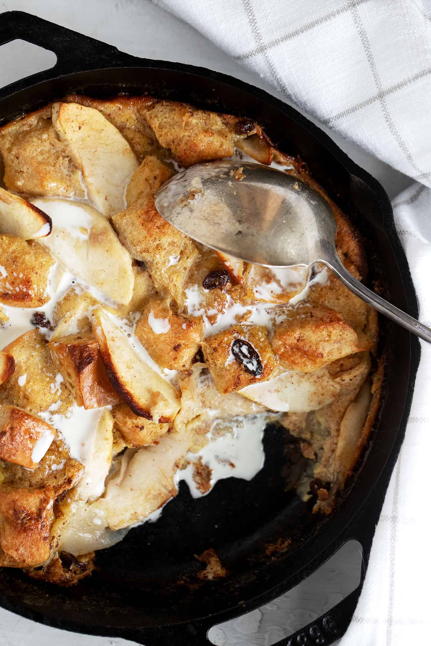 apple bread pudding in cast iron skillet