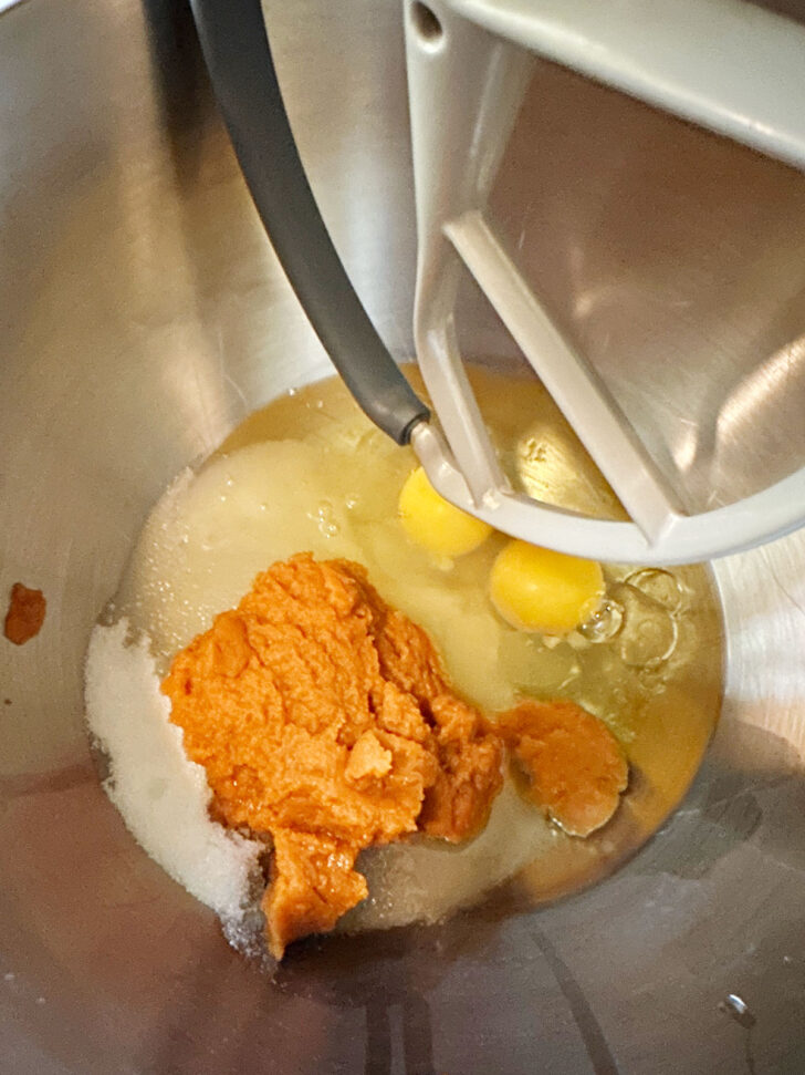 wet ingredients in mixer bowl