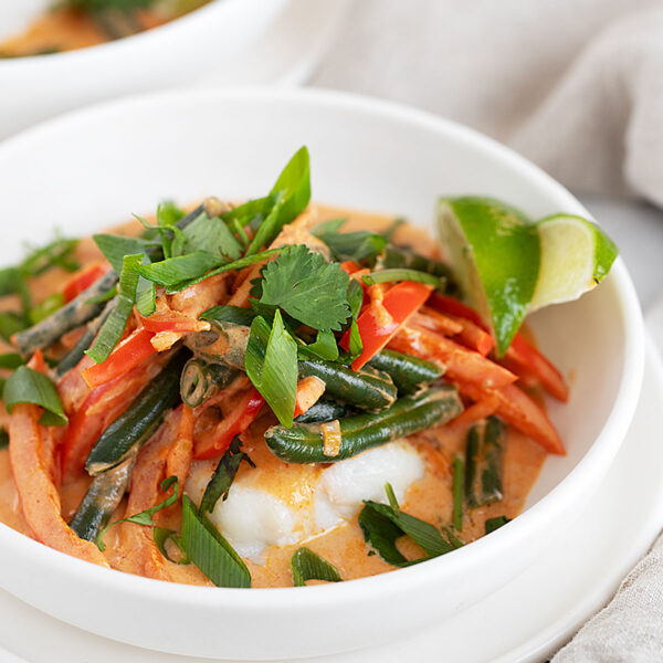 Thai red curry fish in bowl