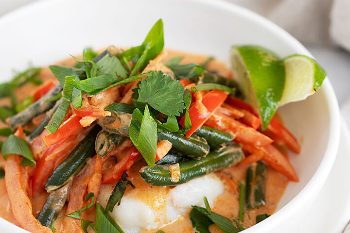 Thai red curry fish in bowl