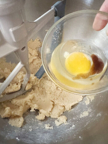 adding egg and vanilla to bowl