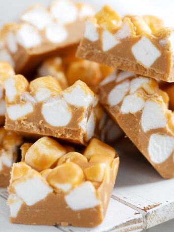 peanut butter marshmallow squares cut on serving board