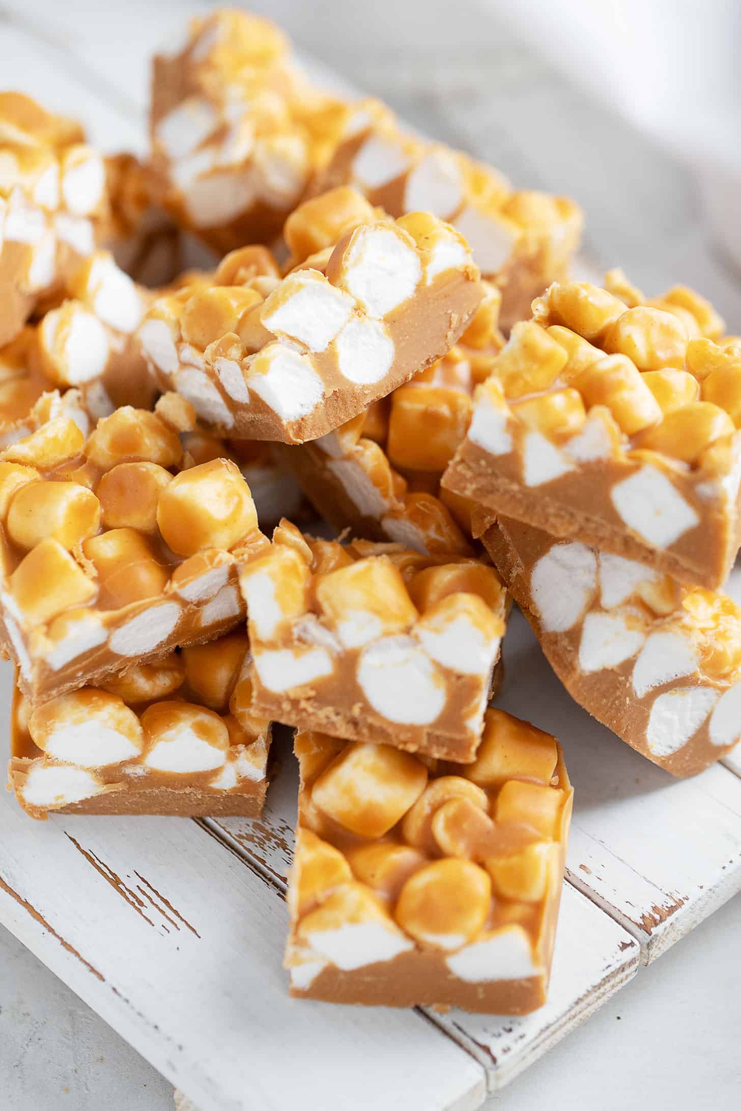 peanut butter marshmallow squares sliced on serving tray