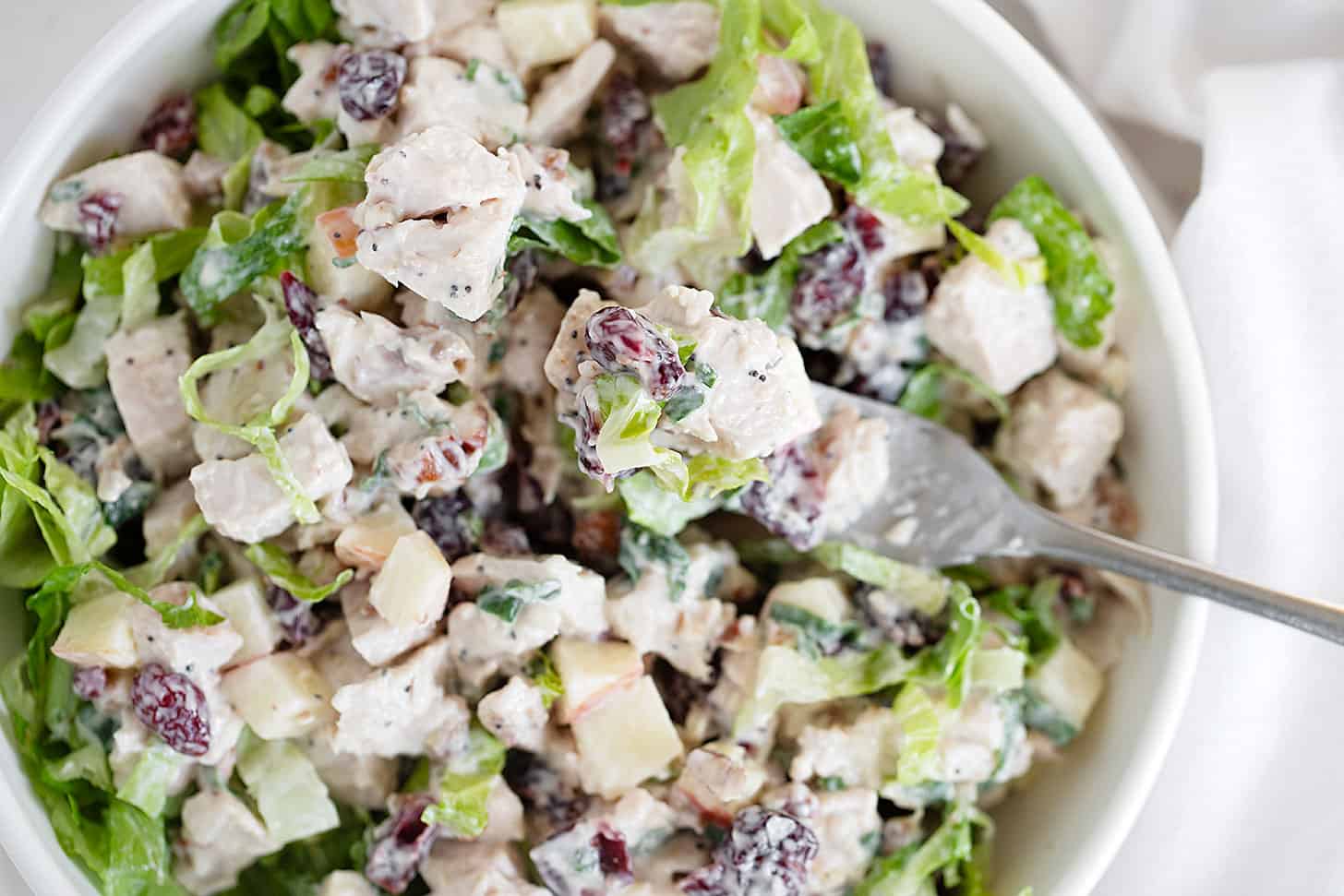 turkey salad with cranberries in bowl with fork