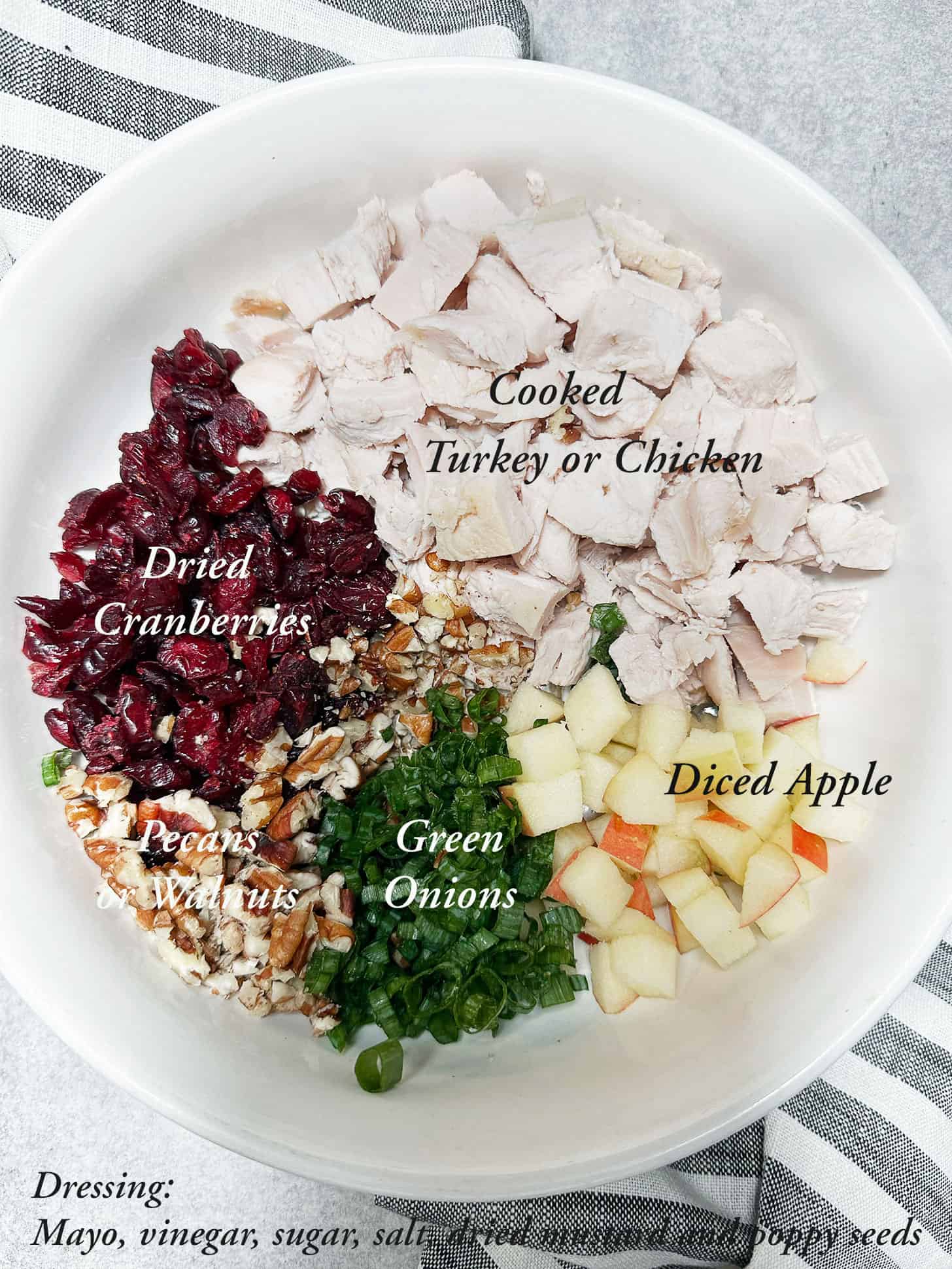 turkeys salad ingredients in a white bowl