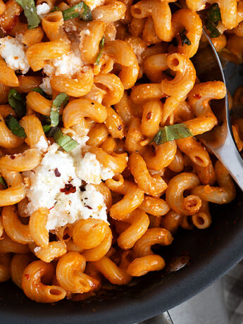 Vodka tomato ricotta pasta in skillet.