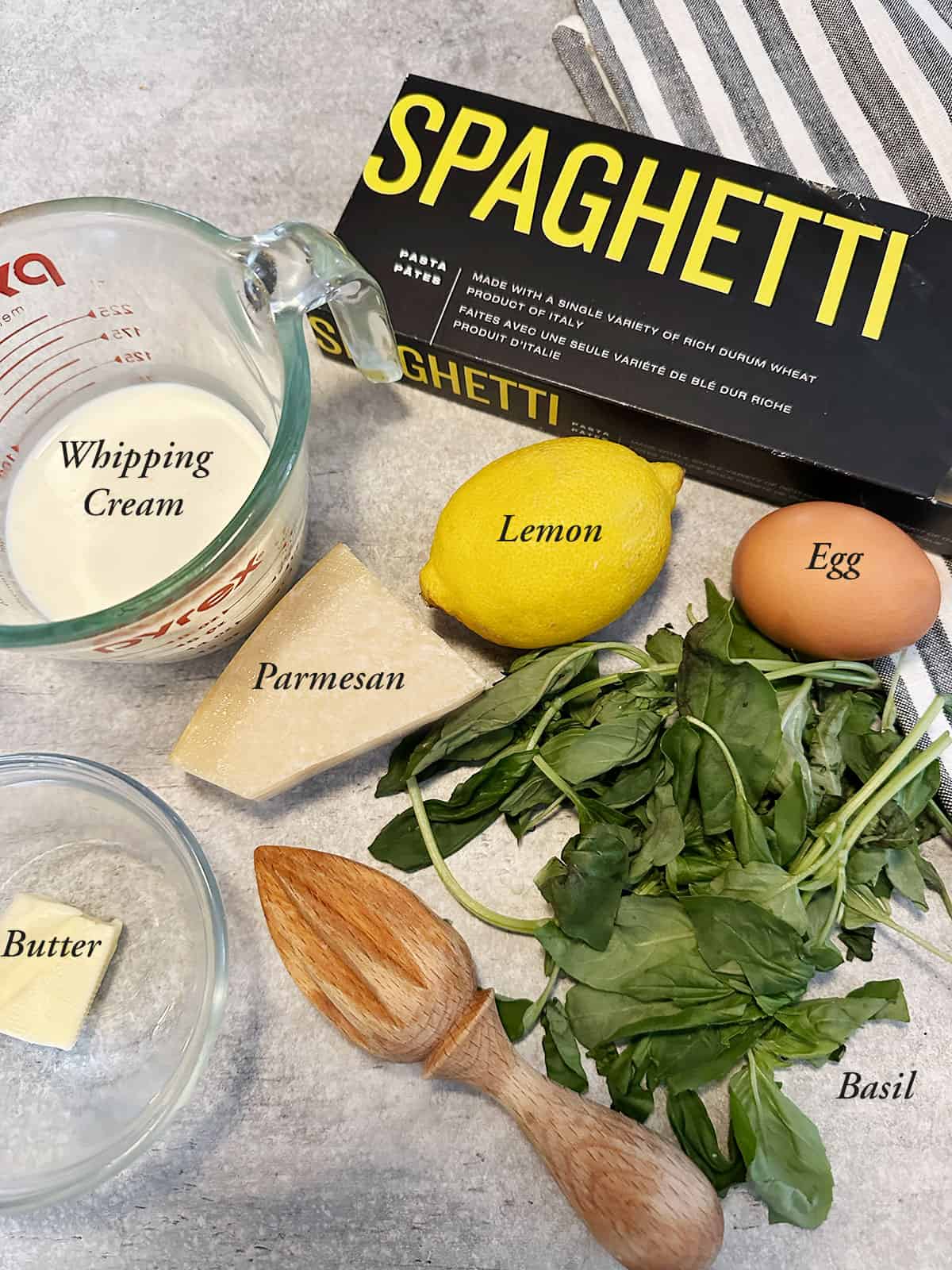 Ingredients to make lemon cream pasta.