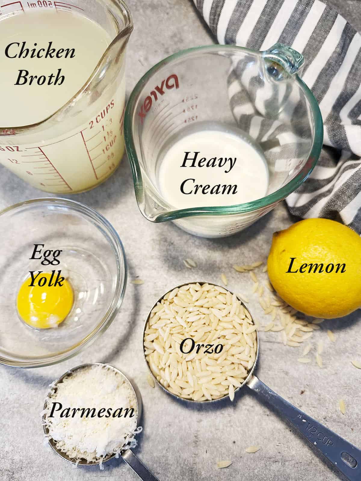Creamy lemon parmesan orzo ingredients.