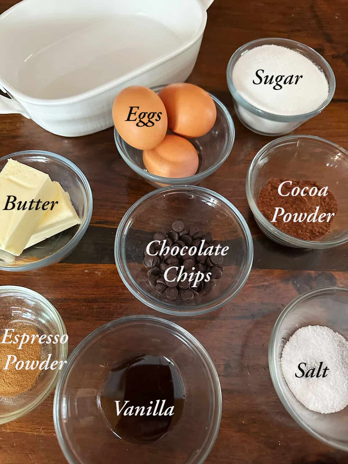 Ingredients for chocolate brownie cake.