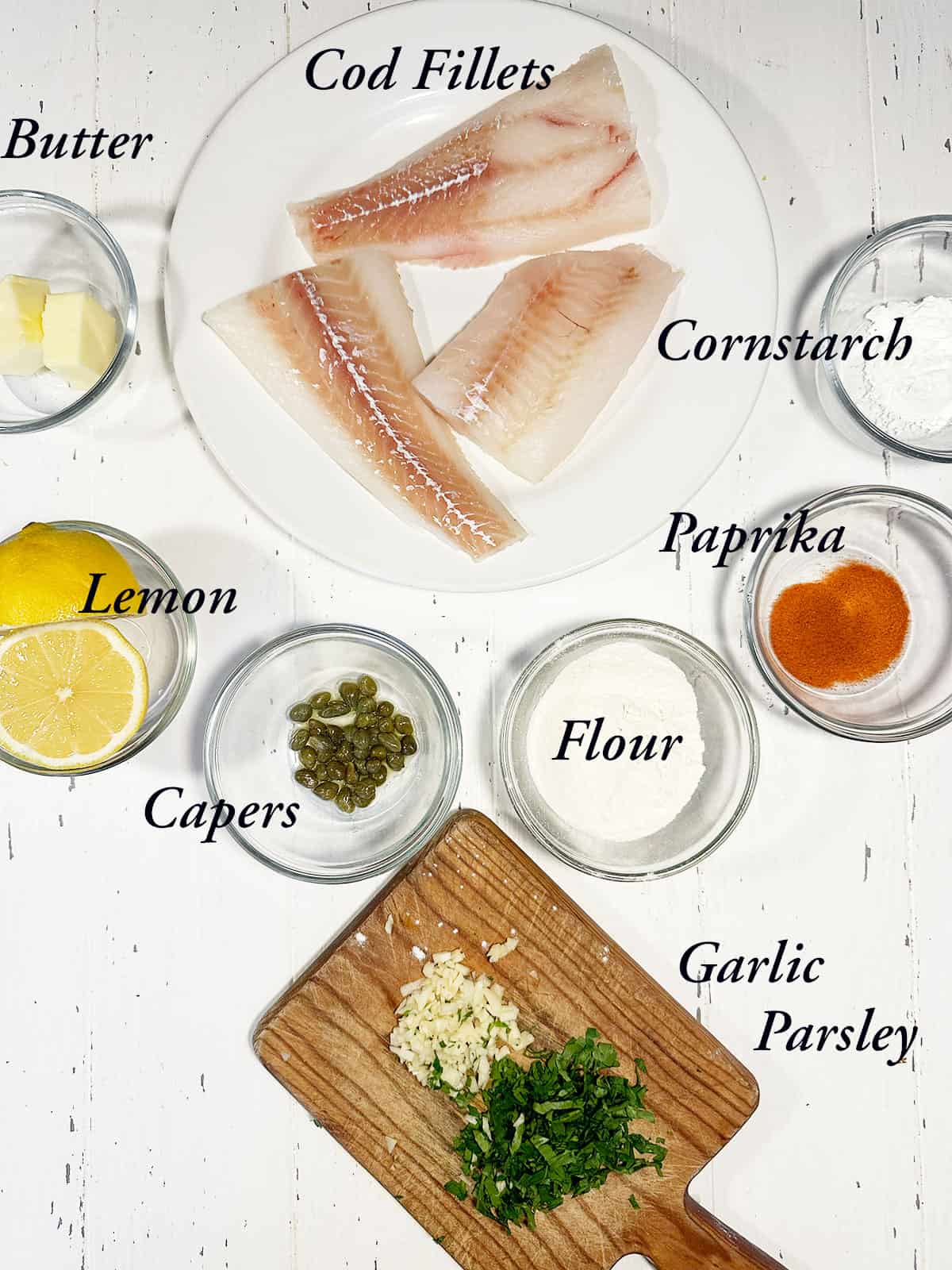 Ingredients to make cod piccata.