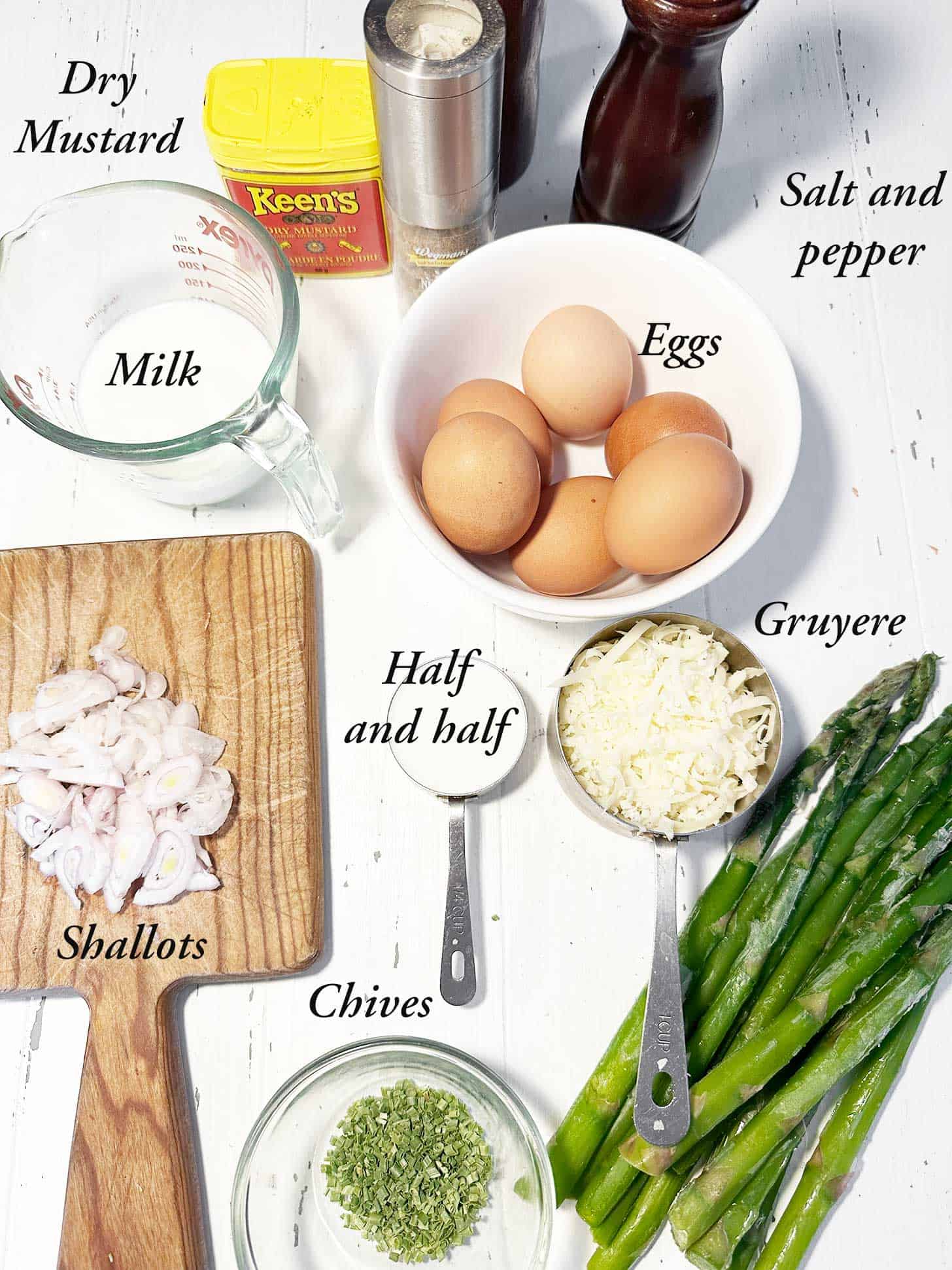 Ingredients to make crustless asparagus quiche.