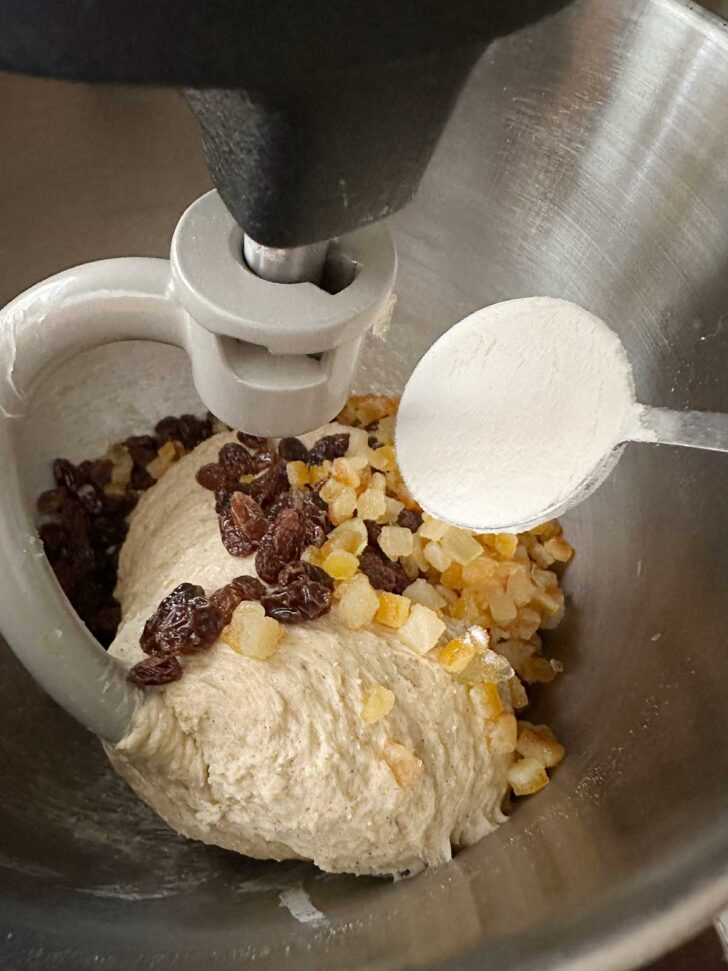 Adding the raisins and peel to the bowl.