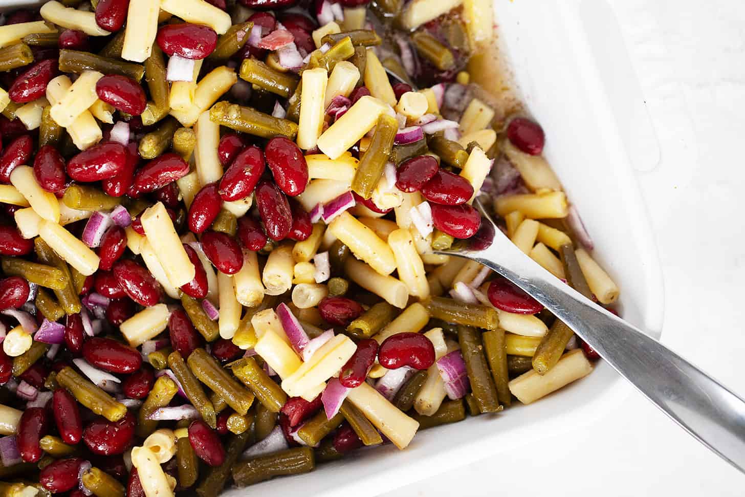 Classic 3-bean salad in serving bowl.