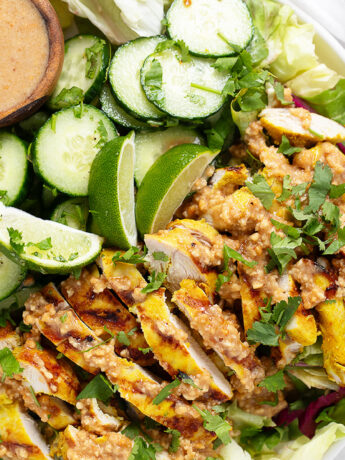 Chicken satay salad on serving plate.