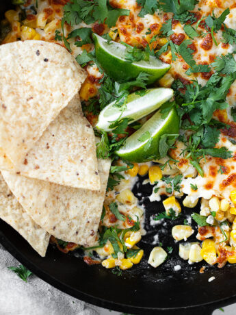 Mexican corn cheese in cast iron skillet