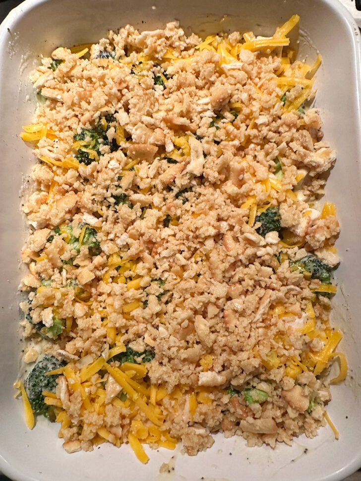 Toppings spread over the casserole before baking.