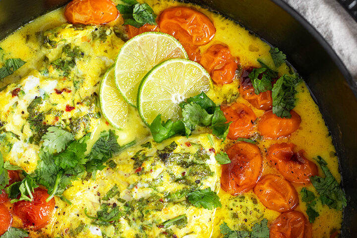 Coconut fish in baking pan.