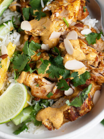 Mango chutney chicken bowl with mango rice salad.