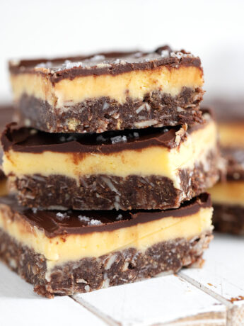 Nanaimo bars cut and stacked.