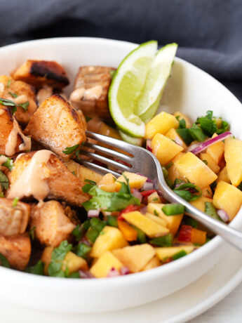 Chili lime salmon with peach salsa.