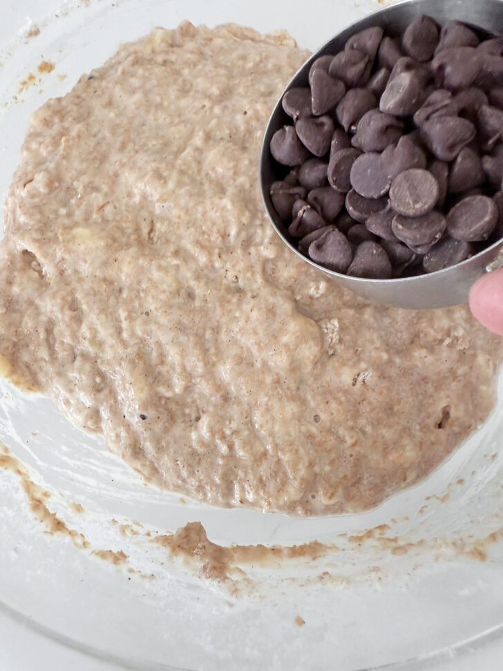 Adding the chocolate chips to the muffin batter.