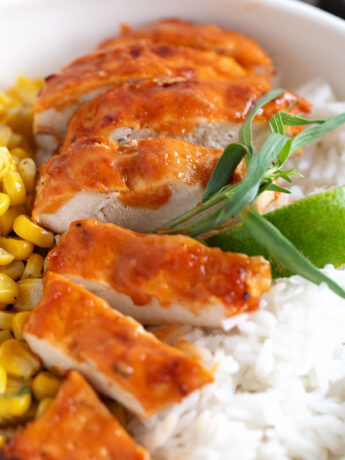 Peach bbq sauce on grilled chicken.