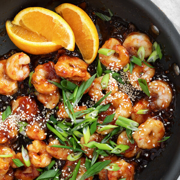 Spicy orange shrimp in the skillet.