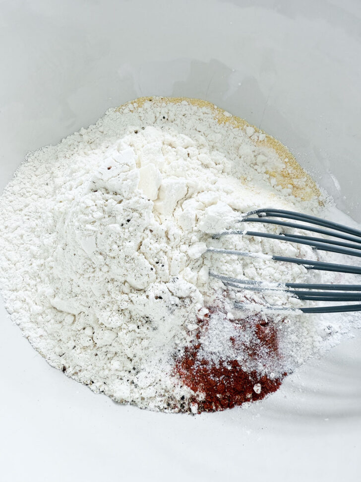 Dry ingredients added to a large bowl.