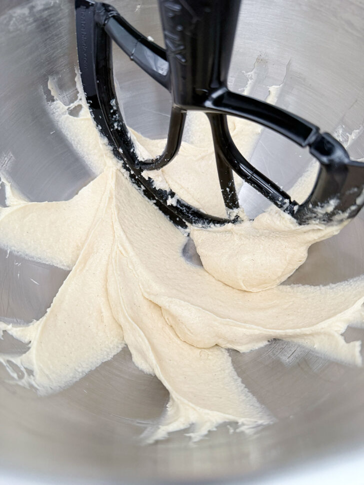 Muffin batter after mixing up the butter, sugar and eggs.