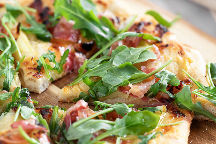 Pizza crust on Apple Cheddar and Pancetta Pizza.