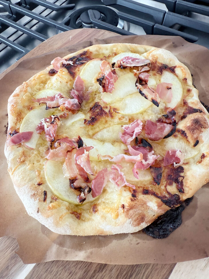 Finished pizza fresh from the oven.