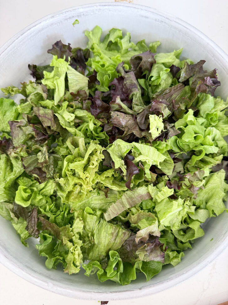 Lettuce added to the bottom of a large serving bowl.
