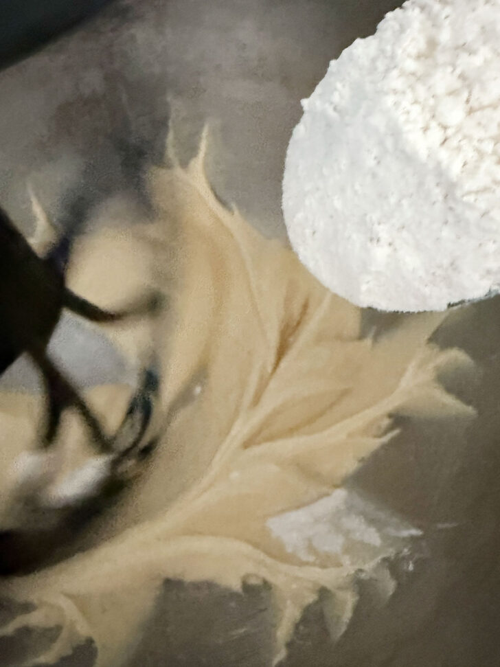 Adding the dry ingredients to the cookie dough.