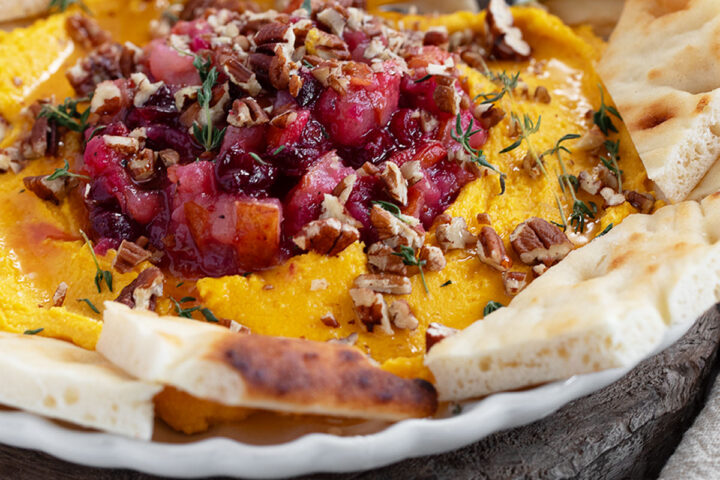 Butternut squash whipped feta on a plate.