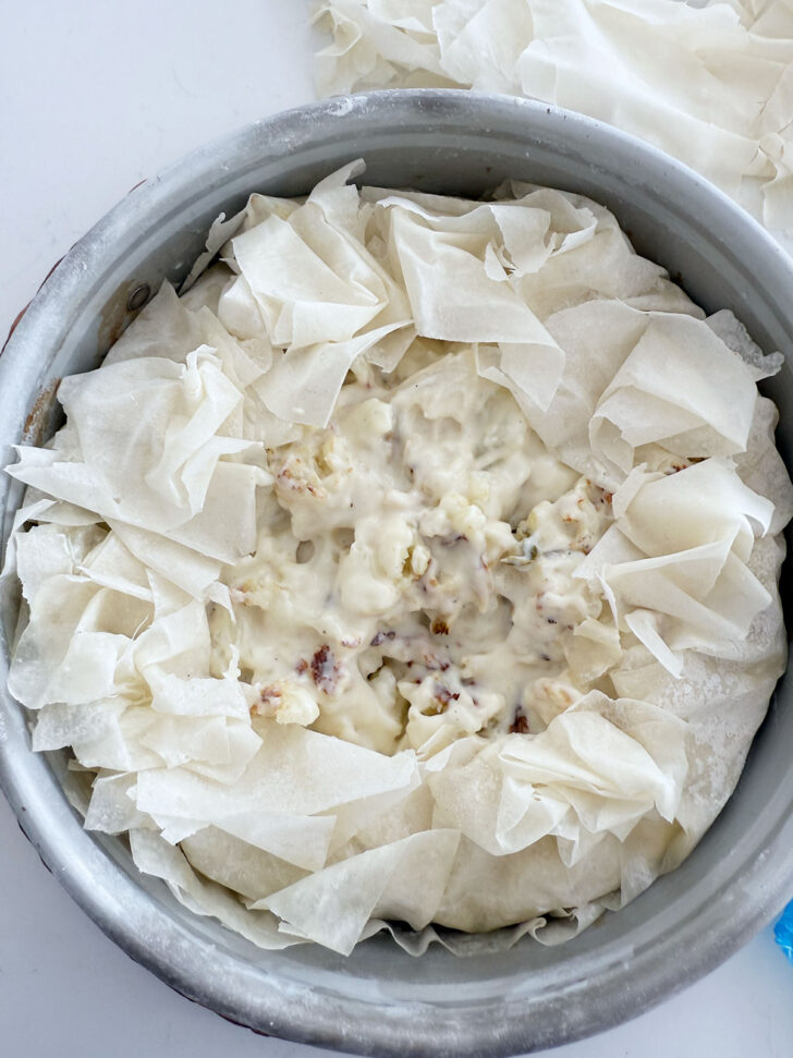 Phyllo pulled over the top of the pie.