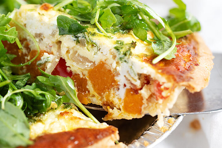 Butternut squash quiche sliced.