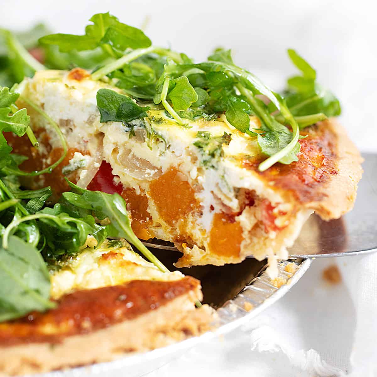 Butternut squash quiche sliced.