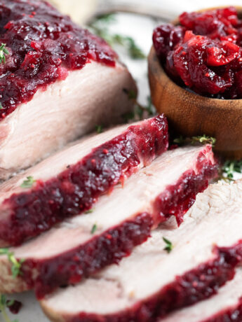 Boneless pork loin topped with a cranberry apple glaze.