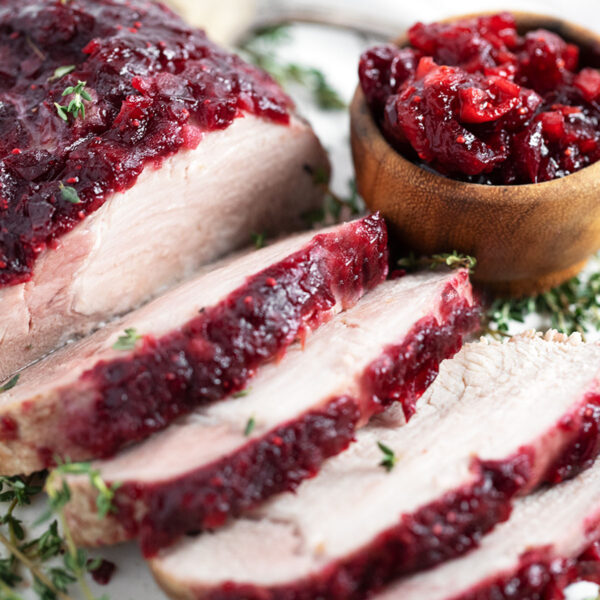 Boneless pork loin topped with a cranberry apple glaze.