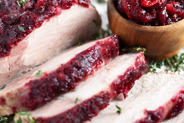 Boneless pork loin topped with a cranberry apple glaze.