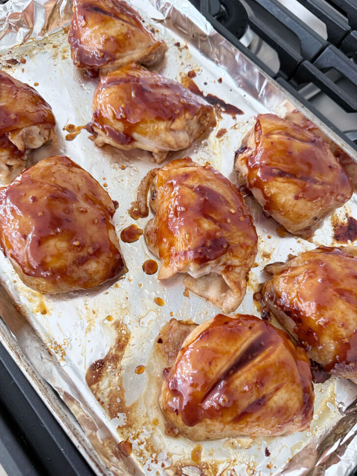 Honey soy sauce brushed on the chicken thighs.