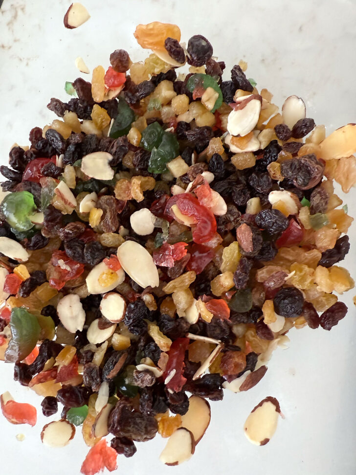 Dried fruit for Christmas pudding in a bowl.
