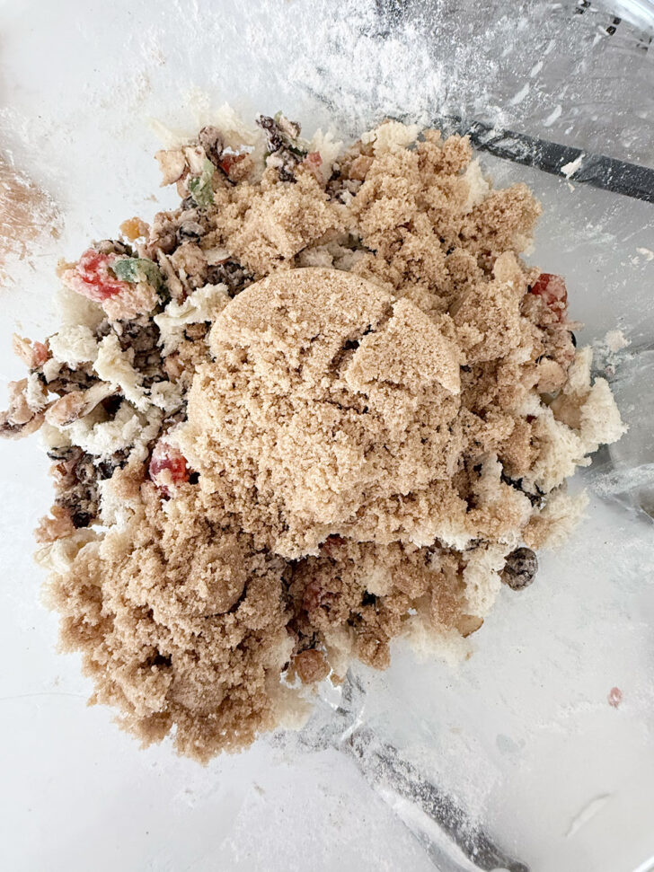 Brown sugar and bread crumbs added to the bowl.