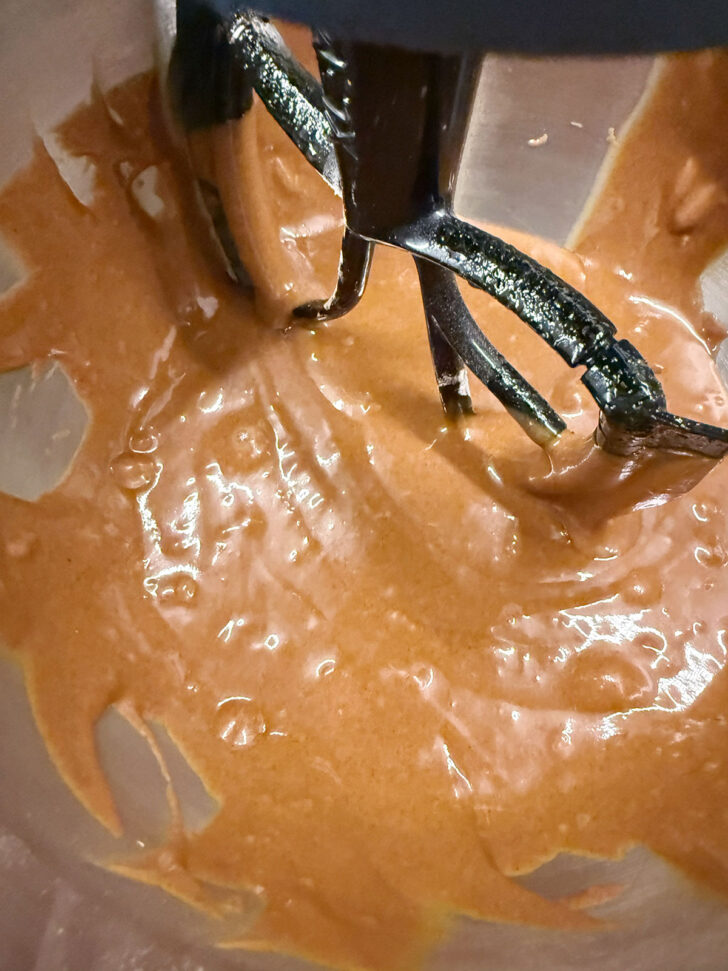 Finished gingerbread loaf batter in the mixer.