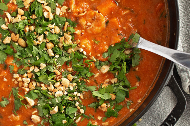 African-inspired chicken stew in the skillet.