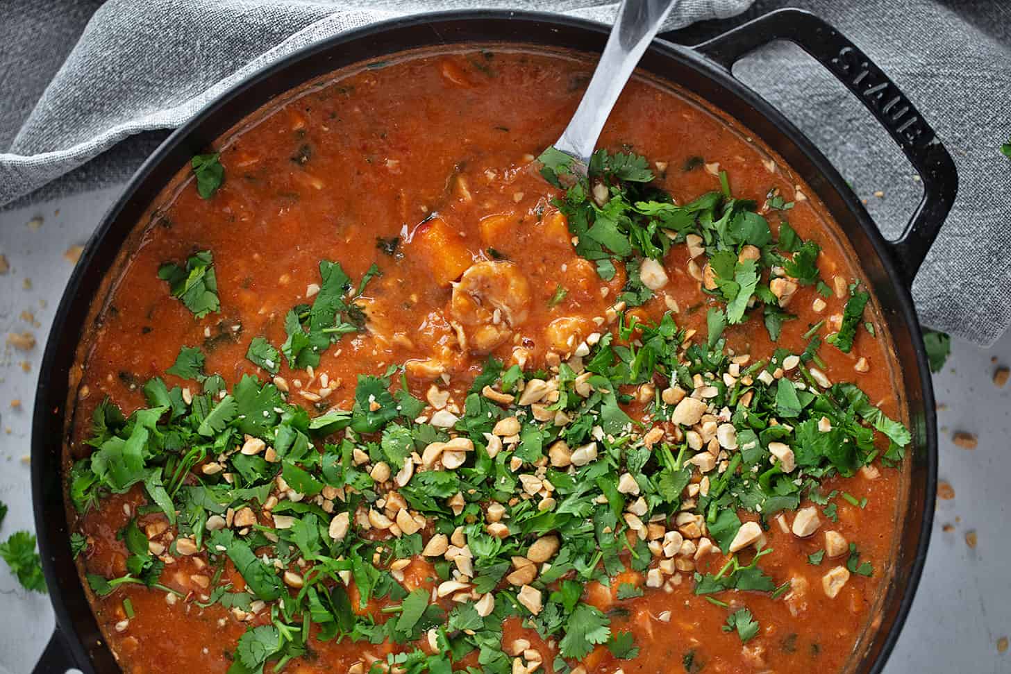 African-inspired chicken stew in the skillet.