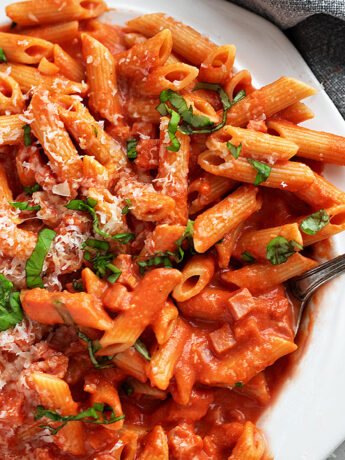 Ham and tomato sauce pasta on a large plate.