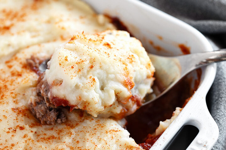 Meatloaf casserole in a baking dish.